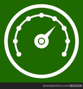 Speedometer icon white isolated on green background. Vector illustration. Speedometer icon green