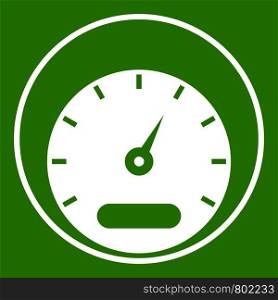 Speedometer icon white isolated on green background. Vector illustration. Speedometer icon green