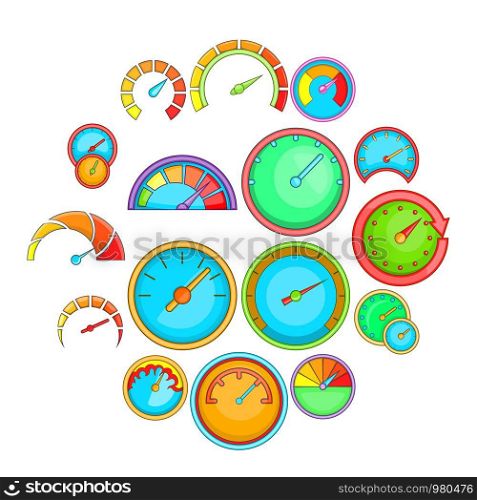 Speedometer icons set. Cartoon illustration of 16 speedometer vector icons for web. Speedometer icons set, cartoon style