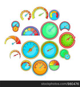 Speedometer icons set. Cartoon illustration of 16 speedometer vector icons for web. Speedometer icons set, cartoon style