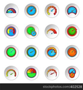 Speedometer icons set. Cartoon illustration of 16 speedometer vector icons for web. Speedometer icons set
