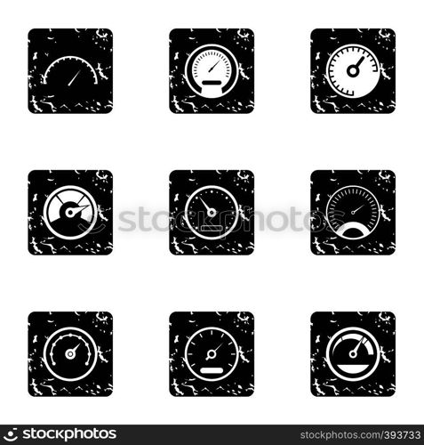 Speedometer icons set. Grunge illustration of 9 speedometer vector icons for web. Speedometer icons set, grunge style