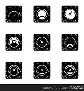 Speedometer icons set. Grunge illustration of 9 speedometer vector icons for web. Speedometer icons set, grunge style