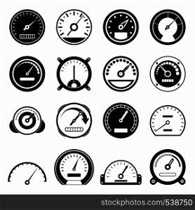 Speedometer icons set in black simple style for any design. Speedometer icons set, black simple style