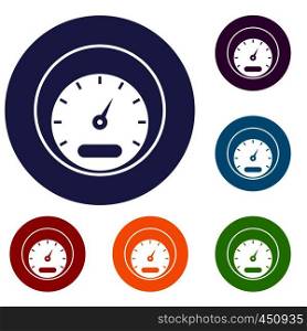 Speedometer icons set in flat circle reb, blue and green color for web. Speedometer icons set