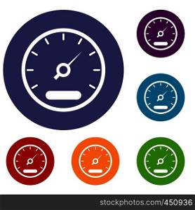 Speedometer icons set in flat circle reb, blue and green color for web. Speedometer icons set