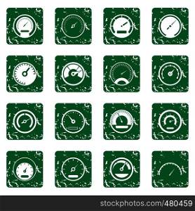Speedometer icons set in grunge style green isolated vector illustration. Speedometer icons set grunge
