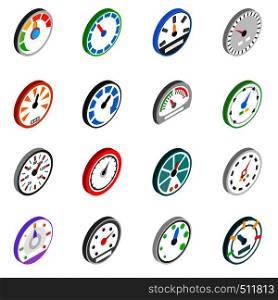 Speedometer icons set in isometric 3d style on a white background . Speedometer icons set, isometric 3d style