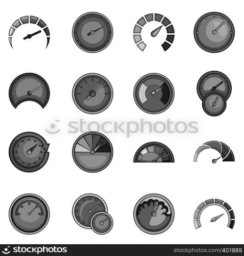 Speedometer icons set in monochrome style isolated on white background. Speedometer icons set, monochrome style