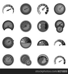Speedometer icons set in monochrome style isolated on white background. Speedometer icons set, monochrome style