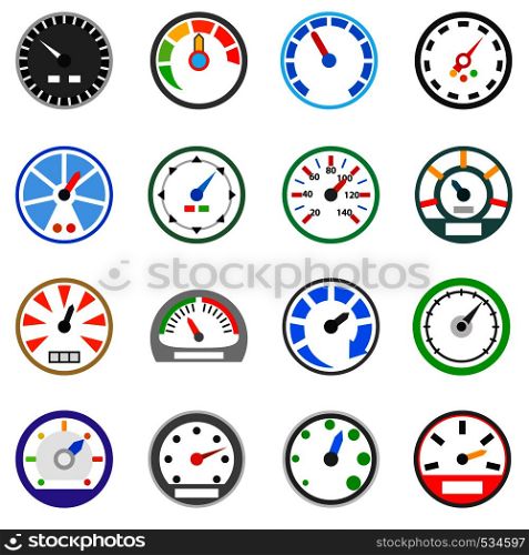 Speedometer icons set in simple style isolated on white background. Speedometer icons set, simple style