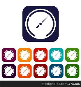Speedometer icons set vector illustration in flat style In colors red, blue, green and other. Speedometer icons set