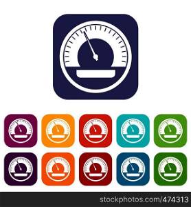 Speedometer icons set vector illustration in flat style In colors red, blue, green and other. Speedometer icons set