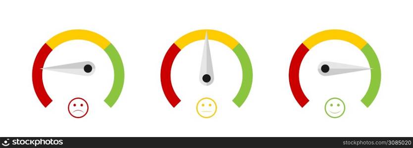 Speedometer icons. Speedometer with emotion. Rating concept. 3 Levels. Vector illustration