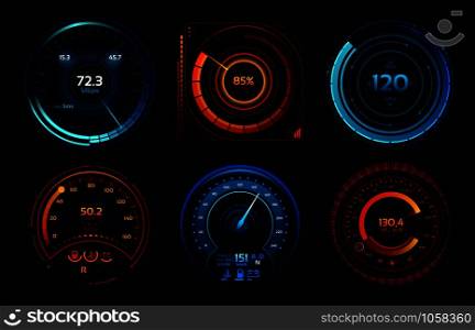 Speedometer indicators. Power meters, fast or slow internet connection speed meter stages. Automobile digital odometer indicator display technology for racing game vector isolated icons concept set. Speedometer indicators. Power meters, fast or slow internet connection speed meter stages vector concept
