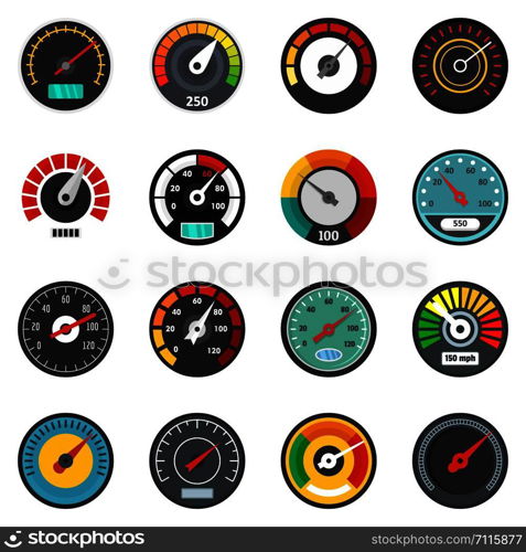 Speedometer level indicator icons set. Flat illustration of 16 speedometer level indicator vector icons isolated on white. Speedometer level indicator icons set, flat style