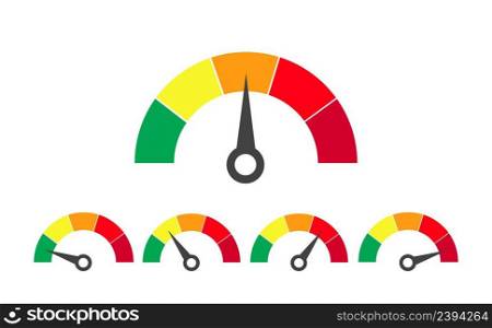 Speedometer measure in colorful flat design. Evaluation of service from bad to excellent level. Isolated set of satisfaction diagram. Vector EPS 10. Speedometer measure in colorful flat design. Evaluation of service from bad to excellent level. Isolated set of satisfaction diagram. Vector