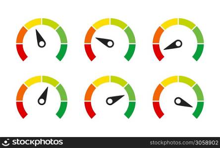 Speedometer or customer indicators of satisfaction. Vector isolated illustration elements. Rating satisfaction concept. Credit rating indicator.Stock vector. EPS 10