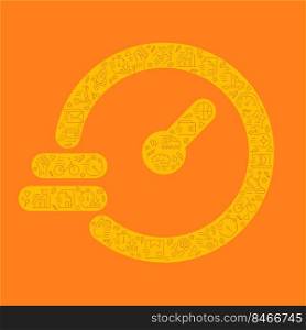 Speedometer pixel perfect shaped concept filled with editable linear icons. Speed measurement tool. Simple thin line symbols composition on orange background. Vector outline drawing. Speedometer pixel perfect shaped concept filled with editable linear icons