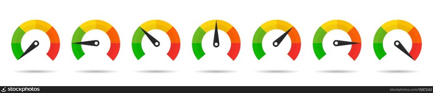 Speedometer rating vector illustration. Collection of colorful tachometer sign with arrow. Customers indicators of satisfaction. Performance measurement symbols.. Speedometer rating vector illustration. Collection of colorful tachometer sign with arrow. Customers indicators of satisfaction.
