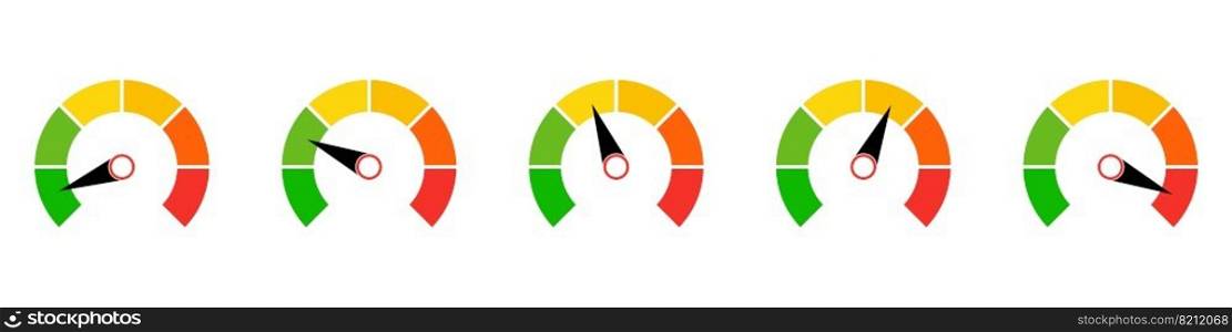 Speedometer rating vector illustration. Collection of colorful tachometer sign with arrow. Customers indicators of satisfaction.