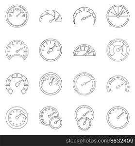 Speedometer set icons in outline style isolated on white background. Speedometer icon set outline