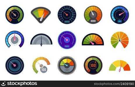 Speedometer set. Score measuring indicator with arrows and marks. Vector speed meter indicators. Different colorful gauge elements for measurement, control panels isolated on white. Speedometer set. Score measuring indicator with arrows and marks. Vector speed meter indicators