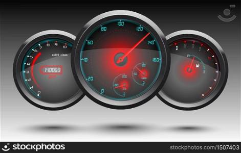 Speedometer, tachometer, fuel and temperature gauge on a black background. Vector
