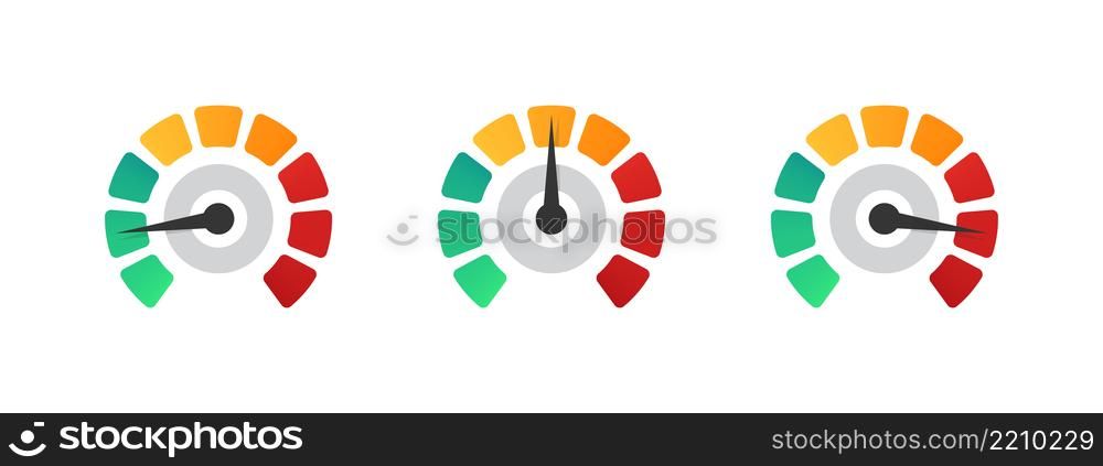 Speedometer, tachometer, indicator icons. Performance measurement. Risk meter. Level meter. Vector illustration