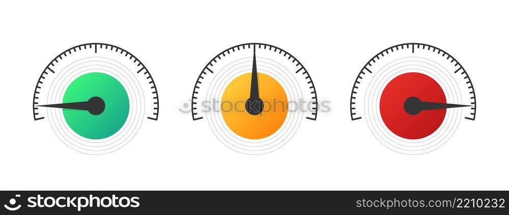 Speedometer, tachometer, modern measurement icons. Performance measurement. Risk meter. Level meter. Vector illustration