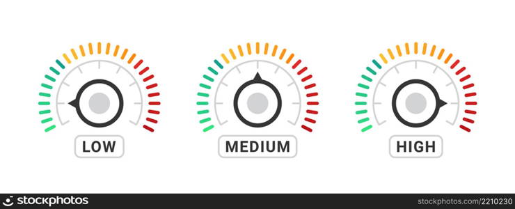 Speedometer, tachometer, rotation meter. Performance measurement. Risk meter. Level meter. Vector illustration