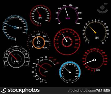 Speedometers set isolated on background for racing sport or transportation industry design