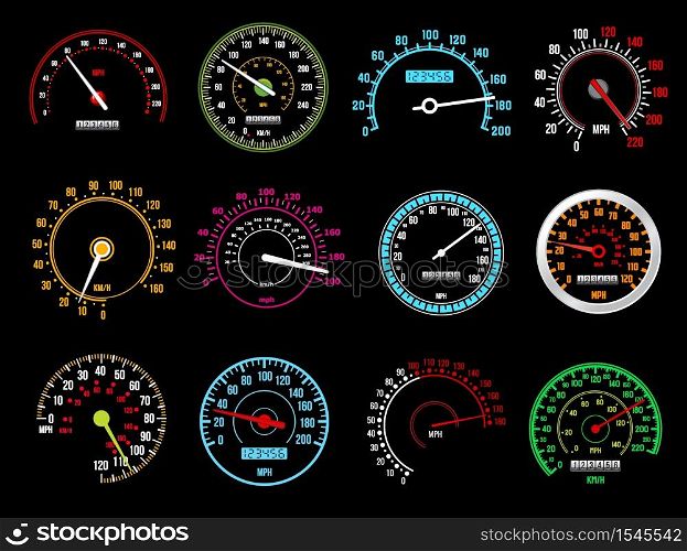 Speedometers, speed indicator vector dashboard dial scales for auto. Isolated car speedometers with km digits and arrows. Vehicle board realistic interface, speed accelerate, transportation technology. Speedometers, speed indicators, vector dashboard