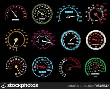Speedometers, speed indicator vector dashboard dial scales for auto. Isolated car speedometers with km digits and arrows. Vehicle board realistic interface, speed accelerate, transportation technology. Speedometers, speed indicators, vector dashboard