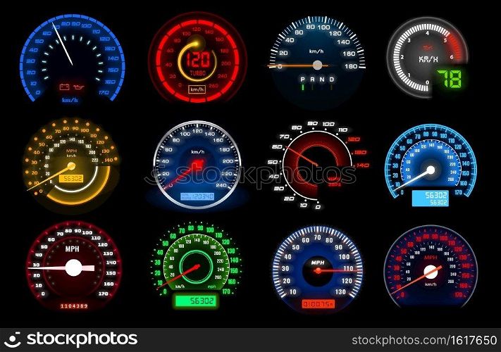 Speedometers, speed indicator vector dashboard dial scales for auto. Vehicle board realistic interface, speed accelerate, transportation technology. Isolated car speedometers with km digits and arrows. Speedometers, speed indicators, vector dashboard