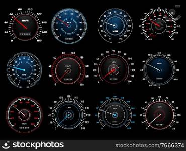 Speedometers, speed indicator vector dashboard dial scales for auto. Vehicle board realistic interface, isolated car speedometers with km digits and arrows, speed accelerate, transportation technology. Speedometers, speed indicators, vector dashboard