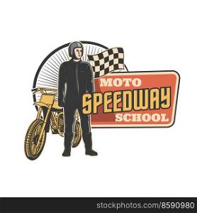Speedway, motorcycle sport racing school vector icon with racer and finish flag. Speedway races club badge and motocross racing tournament or ch&ionship cup retro emblem. Speedway, motorcycle sport racing school icon