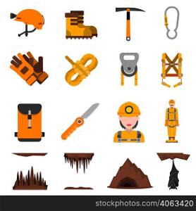 Speleologist in helmet with light harness equipment and ice axe flat icons set abstract isolated vector illustration . Speleology Flat Icons Set