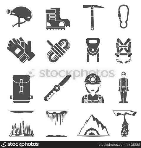 Speleology Black Icons Set. Speleologist caves exploration equipment black icons set with light harness fastener and lock abstract isolated vector illustration