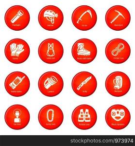 Speleology equipment icons set vector red circle isolated on white background . Speleology equipment icons set red vector