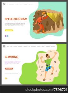 Speleotourism and climbing vector, people with active lifestyle, man in cave walking with bright flashlight. Wall with rocks and stones to imitate mountain. Website template, landing page flat style. Speleotourism and Climbing on Wall with Rocks.