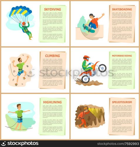 Speleotourism and skydiving hobbies of people vector, active lifestyle. Highlining and wall climbing of man, motorbike riding and skateboarding in city. Skydiving and Skateboarding, Motorbike Riding Set