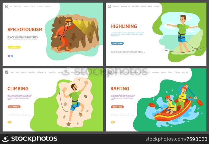 Speletourism and man climbing wall training vector, practicing male holding rocks, rafting team in boat. Highlining person balancing walking on thin line. Website template, landing page flat style. Speletourism and Wall Climbing, Rafting Highlining