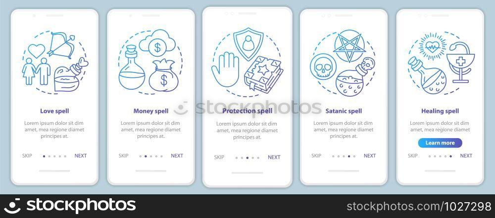 Spells onboarding mobile app page screen vector template. Love, healing, protection magic walkthrough website steps with linear illustrations. UX, UI, GUI smartphone interface concept