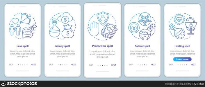 Spells onboarding mobile app page screen vector template. Love, healing, protection magic walkthrough website steps with linear illustrations. UX, UI, GUI smartphone interface concept