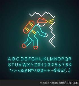 Spelunking neon light icon. Caving, potholing. Exploring underground caverns. Equipped spelunker. Climbing in caves. Glowing sign with alphabet, numbers and symbols. Vector isolated illustration