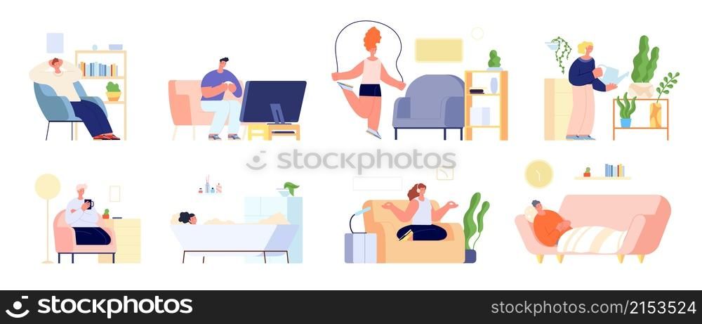 Spend time at home. Women relaxed, young adults indoor. Person reading gaming at weekend, dreaming at sofa or training vector set. Illustration of people spending time at home, watching and playing. Spend time at home. Women relaxed, young adults indoor. Person reading gaming at weekend, dreaming at sofa or training utter vector set