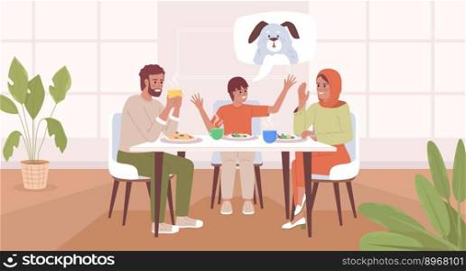 Spend time with family flat color vector illustration. Smiling boy persuading parents to adopt pet puppy. Fully editable 2D simple cartoon characters with cozy dining room on background. Spend time with family flat color vector illustration