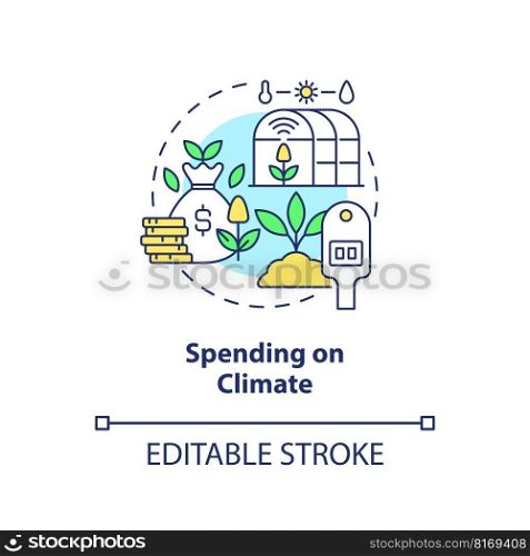 Spending on climate concept icon. Sustainable industry. Rural development program abstract idea thin line illustration. Isolated outline drawing. Editable stroke. Arial, Myriad Pro-Bold fonts used. Spending on climate concept icon