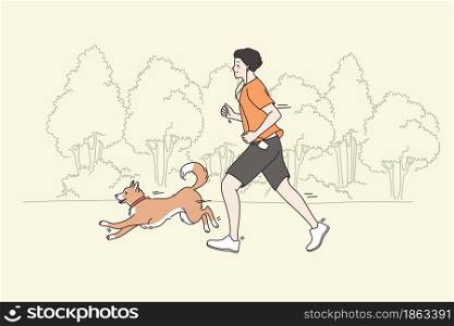 Spending time and sport with pets concept. Young smiling man running jogging in park with his dog running aside having fun and doing training together vector illustration . Spending time and sport with pets concept